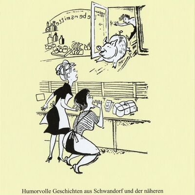 Bild vergrößern: Auf gelben Hintergrund beobachten zwei Damen durch einen Gartenzaun, ein Fenster aus dem ein Schwein hpft und ein Mann hinterher. Die Karikaturen sind von Lisl Stich.