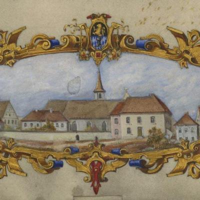 Bild vergrößern: Foto einer historischen Zeichnung auf einer Urkunde. Es zeigt religise Gebude des historischen Schwandorfs. Es ist mit einem gold-gezeichneten Rahmen umgeben.