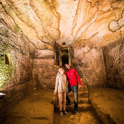 Bild vergrößern: Ein zur Felsdecke blickendes Paar in einem hell erleuchteten Felsenkeller.