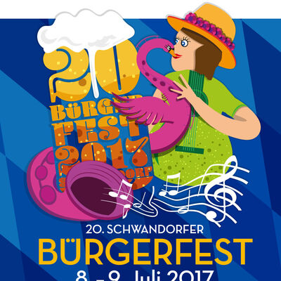 Bild vergrößern: Plakat mit Schriftzug: "20. Schwandorfer Bürgerfest 8.- 9. Juli 2017". Im Hintergrund ist eine grafisch Darstellung einer grün gekleideten Frau mit einen pinken Schwan, der ein Musikinstrument darstellt. Der Schriftzug "20. Schwandorfer Bürgerfest 2017" ist in Form eines Bierkruges dargestellt.