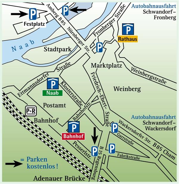 Bild vergrößern: Abbildung eines Ausschnittes eines Stadtplanes mit der Innenstadt Schwandorf.