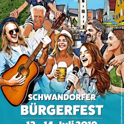 Bild vergrößern: Plakat des Schwandorfer Bürgerfestes. Weiße Schrift auf blauen Hintergrund "Schwandorfer Bürgerfest" 12-14. Juli 2019. Im Hintergrund ist eine Collage von Menschen, die lachen und Musik spielen.