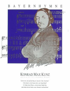 Bild vergrößern: Es zeigt ein künstlerisches Bild von Konrad-Max-Kunz, der von Noten umringt wird.