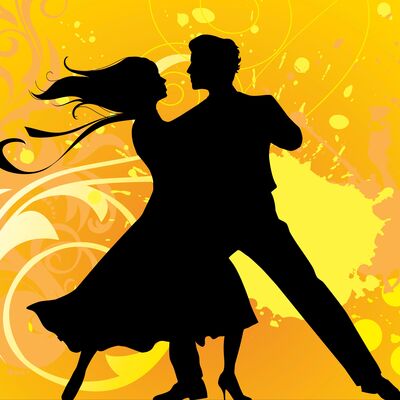 Logo für den Schwandorfer Stadtball. Es ist ein tanzendes Paar in schwarzer Silhouette vor einem gelben Hintergrund mit Schnörkeln in Hellgelb.