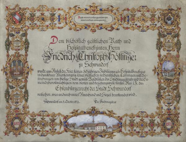 Bild vergr&ouml;&szlig;ern: Verleihung des Ehrenb&uuml;rgerrechts an Friedrich Christoph H&ouml;flinger, 1871.