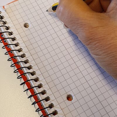 Kleiner Spiralblock mit Karomuster, Teil einer Hand mit Bleistift.