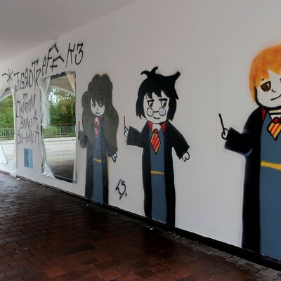 Bild vergrößern: Zu sehe ist ein Graffiti.
Es zeigt 3 Comic-Figuren aus dem Film Harry Potter und zwar Hermine, Harry und Ron.