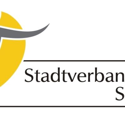 Silhouette einer Person in einem gelben, ovalen Kreis und die Aufschrift Stadtverband für Sport.