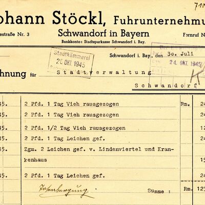 Bild vergrößern: Abbildung einer Rechnung der Firma Stöckl aus dem Jahr 1945.