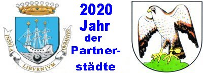 Stadtwappen der Stadt Libourne (links) und Stadtwappen der Stadt Sokolov (rechts), dazwischen der Spruch "2020 - Das Jahr der Stdtepartnerschaften".