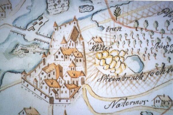 Bild vergrößern: Vogl-Karte Schwandorf 1600 - Nachzeichnung 1825 mit Eintrag der Felsenkellerregion