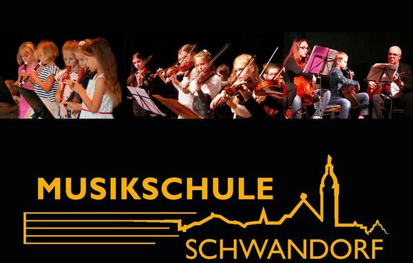 Kinder beim Musizieren. Aufschrift: Musikschule Schwandorf.