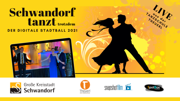 Werbebanner fr den digitalen Stadtball 2021.
Ein Tanzpaar als Grafik und die Moderatoren Johannes Lohrer und die Familie Theuerl vor der Bhne mit einladenden Gesten.