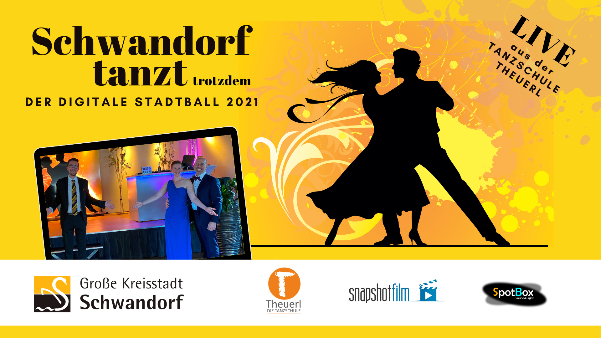 Bild vergrößern: Werbebanner für den digitalen Stadtball 2021.
Ein Tanzpaar als Grafik und die Moderatoren Johannes Lohrer und die Familie Theuerl vor der Bühne mit einladenden Gesten.