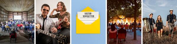 Ein Banner mit 5 Fotos.
1. zeigt die ZWICKL Schwandorfer Dokumentarfilmtage. Eine Leinwand ist in einem Kartoffellager aufgestellt und Zuschauer sitzen auf St&uuml;hlen davor.
2. zeigt zwei Musiker, eine Frau und einen Mann mit einer Gitarre in der Hand
3. Zeigt einen gezeichneten Umschlag mit einem Blatt Papier, auf dem Kultur-Newsletter steht.
4. Das Spitalgartenkonzert in den Abendstunden. Sch&ouml;n beleuchtete B&uuml;hne umringt von B&auml;umen
5. Die Band Fexer. 2 M&auml;nner und eine Frau laufen auf einem Feld.