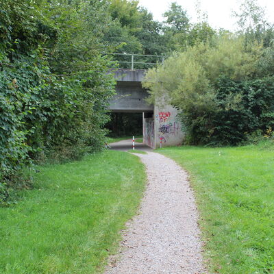 Bild vergrößern: Der Wanderweg führt unter der Eisenbahnerbrücke weiter.