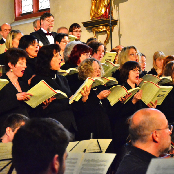 Bild vergrößern: Chor. Viele Persone mit Gesangsbüchern singen.