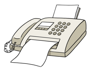 Das Bild zeigt ein Fax-Gerät. Ein Fax-Papier kommt daraus hervor.