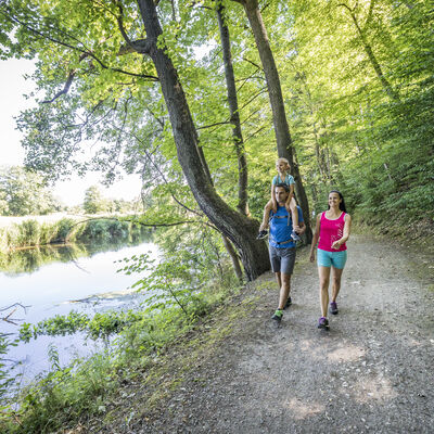 Bild vergrößern: Der Vater trgt seine Tochter auf den Schultern und die Mutter geht nebenher. Die Drei sind bekleidet mit Shorts und Shirts. Der Weg ist entlang der Naab schattig. Auffllig ist der alte groe Baum im Hintergrund.