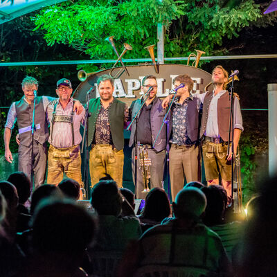 Die sechs Musiker der Kapelle So und So, zum Teil in Tracht stehen nebeneinander auf einer Bühne und haben die Arme umeinander gelegt. Vor ihnen stehen Mikrofonständer.