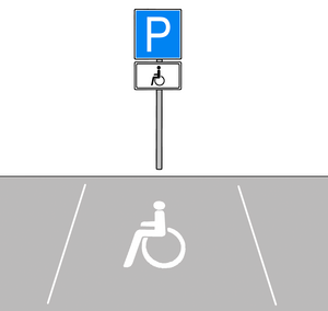 Bild vergrößern: Das Bild zeigt einen Behindertenparkplatz.
Man sieht das Schild für den Behindertenparkplatz.
Und den Parkplatz der am Boden eingezeichnet ist.
