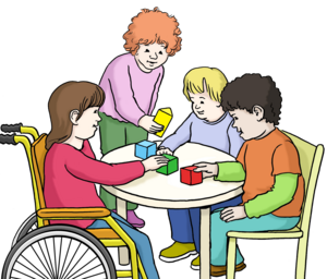 Bild vergrößern: Das Bild zeigt Kinder im Kindergarten.
Die zusammen spielen.
Sie spielen mit Bauklötzen.
Ein Kind davon ist im Rollstuhl.