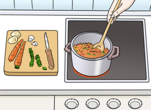 Das Bild zeigt, wie etwas gekocht wird.
Man sieht eine Küche mit Topf auf dem Herd und ein Schneidebrett mit Gemüse.