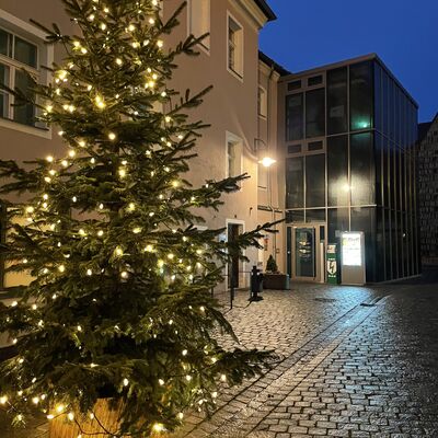 Tourismusbüro mit Weihnachtsbaum Eingang