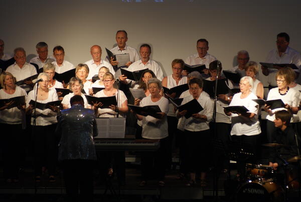 Bild vergrößern: Gruppenbild des Schwandorfer Sängerbundes. Die Sänger:innen singen in weißen Oberteilen und halten schwarze Notenmappen.