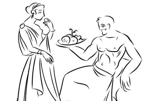 Einfache Illustration eines antiken Paares. Der Mann reicht der Frau eine Schale Obst. 