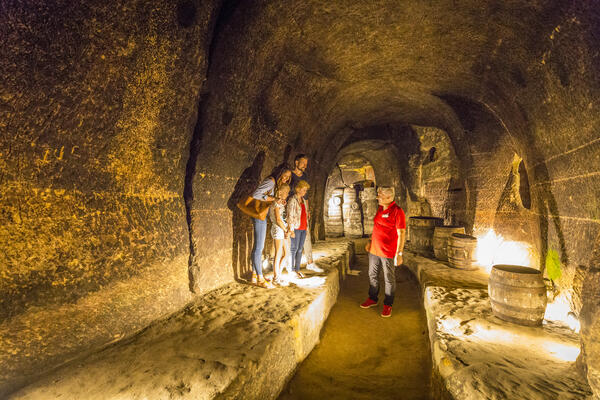 Foto einer Familie und eines Fhrers im gut beleuchteten Felsenkeller