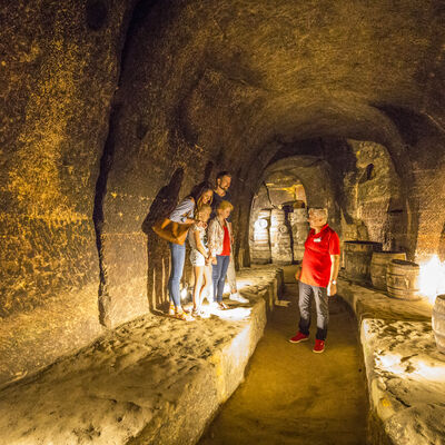 Bild vergrößern: Foto einer Familie und eines Fhrers im gut beleuchteten Felsenkeller