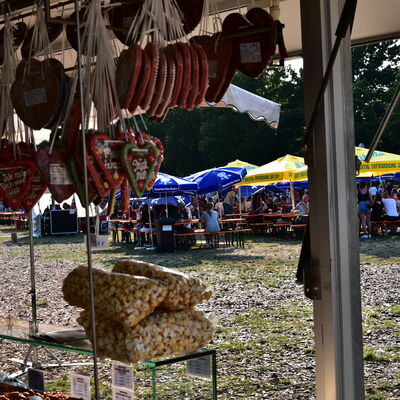 Bild vergrößern: Blick aus einem Süßwarenstand heraus (Lebkuchenherzen und Popcorn in Vordergrund) hinaus auf den Festplatz im Stadtpark.