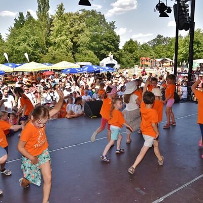 Bild vergrößern: Kinder in orangen T-Shirts tanzen auf einer Bühne. Davor sind viele Zuschauer.