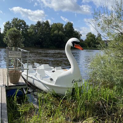 Neben zwei Ruderbotten steht auch ein Tretboot zur Verfgung. 