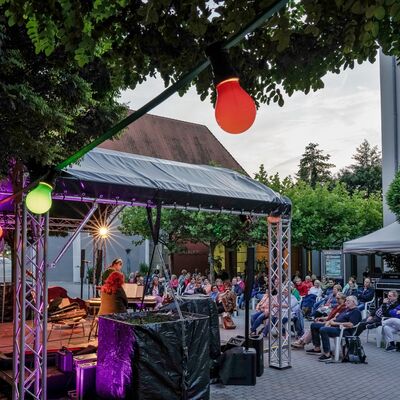 Bild vergrößern: Foto: Die Kabarettistin Lizzy Aumeier steht auf der Open-Air-Bühne. Vor der Bühne sitzen die Besucher:innen. Abendliche Stimmung mit einer Lichterkette.