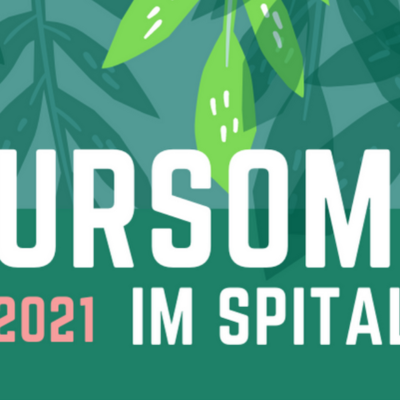 Bild vergrößern: Grafik: 
2.Teil der Grafik mit weißer und rosa Schrift: "Kultursommer im Spitalgarten 2021, 23. Juli bis 13. August 2021" Im Hintergrund sind grafische Blätterelemente auf grünem Hintergrund.
