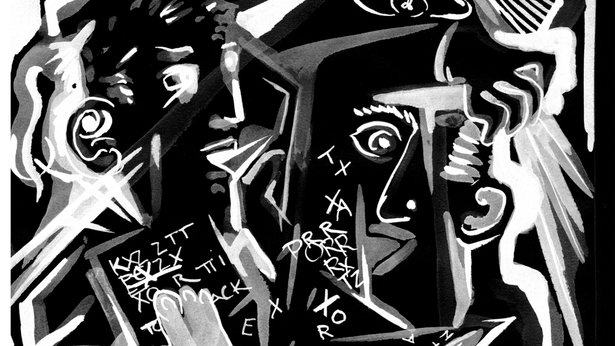 Abstraktes Schwarz-Weiß-Bild zweier sprechender Figuren im Picasso-Stil.