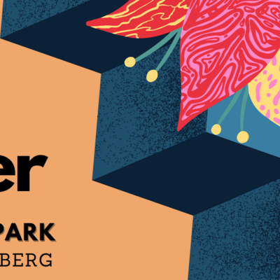 3. Teil der Grafik: Plakat mit schwarzer Schrift auf orange/rosa/blauem Grund: "13.06.-04.07.2021. Come together. Konzertreihe im Park. Schwandorf/Fronberg." Es gibt grafische Elemente wie Blätter, eine Blume, geometrische Formen und einen Nachthimmel.