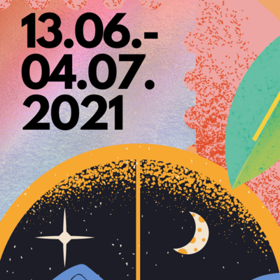 1. Teil der Grafik: Plakat mit schwarzer Schrift auf orange/rosa/blauem Grund: "13.06.-04.07.2021. Come together. Konzertreihe im Park. Schwandorf/Fronberg." Es gibt grafische Elemente wie Blätter, eine Blume, geometrische Formen und einen Nachthimmel.