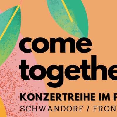 2. Teil der Grafik: Plakat mit schwarzer Schrift auf orange/rosa/blauem Grund: "13.06.-04.07.2021. Come together. Konzertreihe im Park. Schwandorf/Fronberg." Es gibt grafische Elemente wie Blätter, eine Blume, geometrische Formen und einen Nachthimmel.