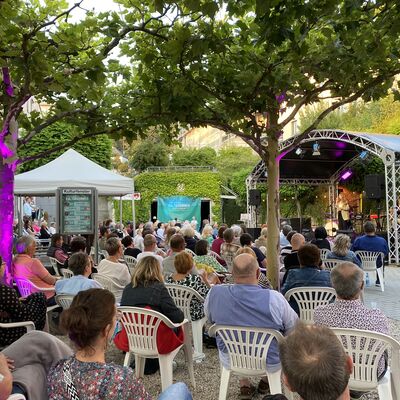 Das Publikum des Schwandorfer Kultursommers im Spitalgarten sitzt unter Platanen und blickt auf die Bühne, auf der gerade ein Auftritt der Italo-Pop Sängerin Luca Vasta stattfindet.