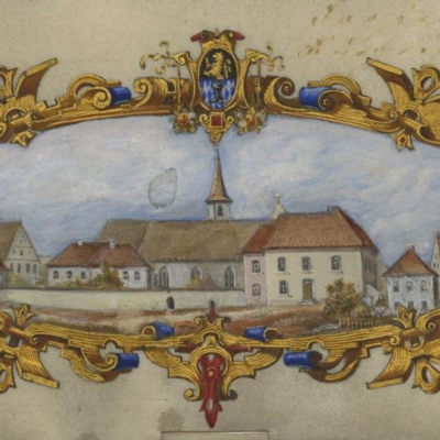 Bild vergrößern: Foto einer historischen Zeichnung auf einer Urkunde. Es zeigt religiöse Gebäude des historischen Schwandorfs. Es ist mit einem gold-gezeichneten Rahmen umgeben.