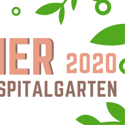 Grafik: 
3. Teil der Grafik: Braune und rosa Schrift auf weißem Hintergrund: "Kultursommer im Spitalgarten 2020". Im Hintergrund sind grüne Blättergrafiken.