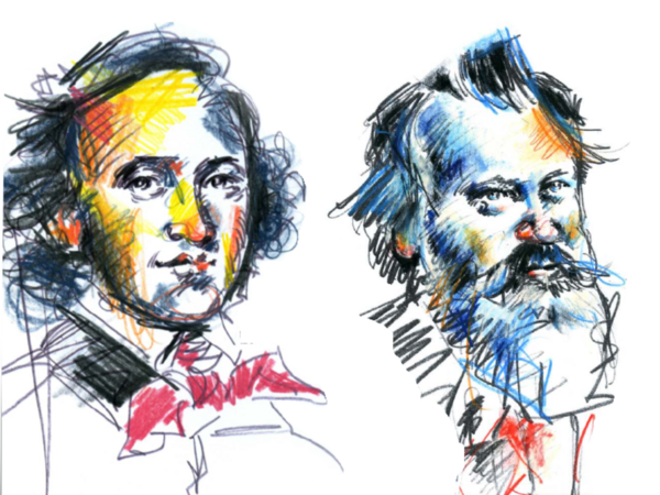 Mit Buntstift gezeichnete Portraits der beiden Komponisten Felix Mendelssohn Bartholdy und Johannes Brahms 