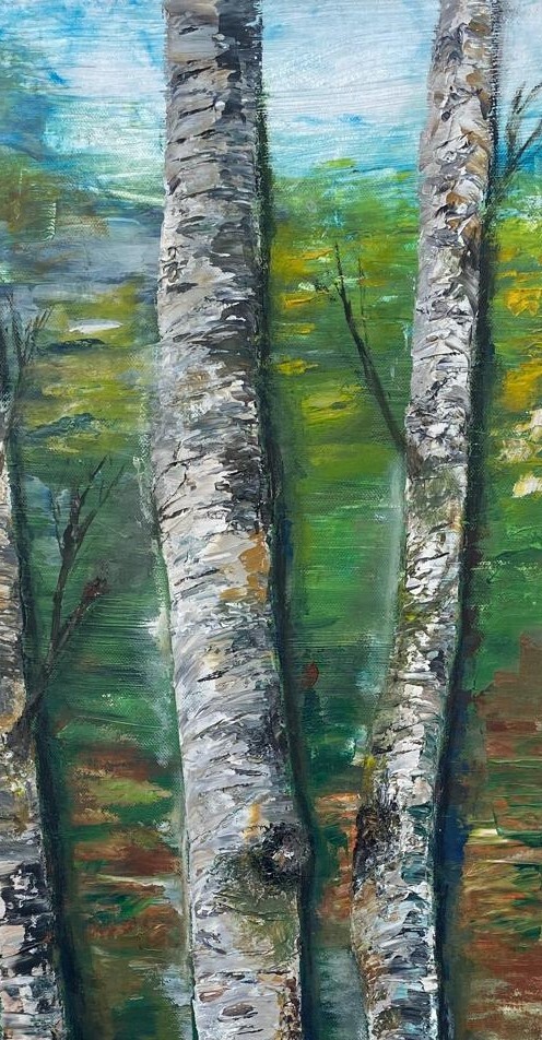 Bild vergrößern: Acryl-Gemälde von zwei Birkenstämmen.