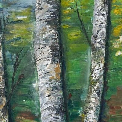 Acryl-Gemälde von zwei Birkenstämmen.