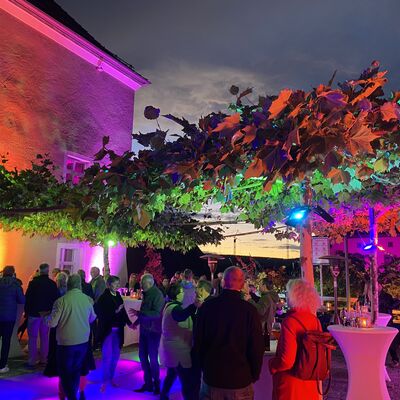Menschen sind auf dem bunt erleuchteten gläsernen Tanzboden in der Kirchengasse versammelt. Auch die Platanen um den Tanzboden und die Hausfassade sind bunt beleuchtet.