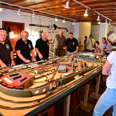 Bild vergrößern: Eine Modelleisenbahn in der Mitte des Bildes. Sie wir bedient vom Schwandorfer Modelleisenbahnverein.
