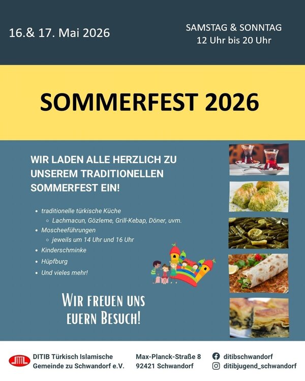 Bild vergrößern: Plakat zum Sommerfest der Türkisch-Islamischen Gemeinde zu Schwandorf e.V. 2026.